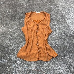 Sleeveless Ruffle-Trim Button Front Blouse in Rust